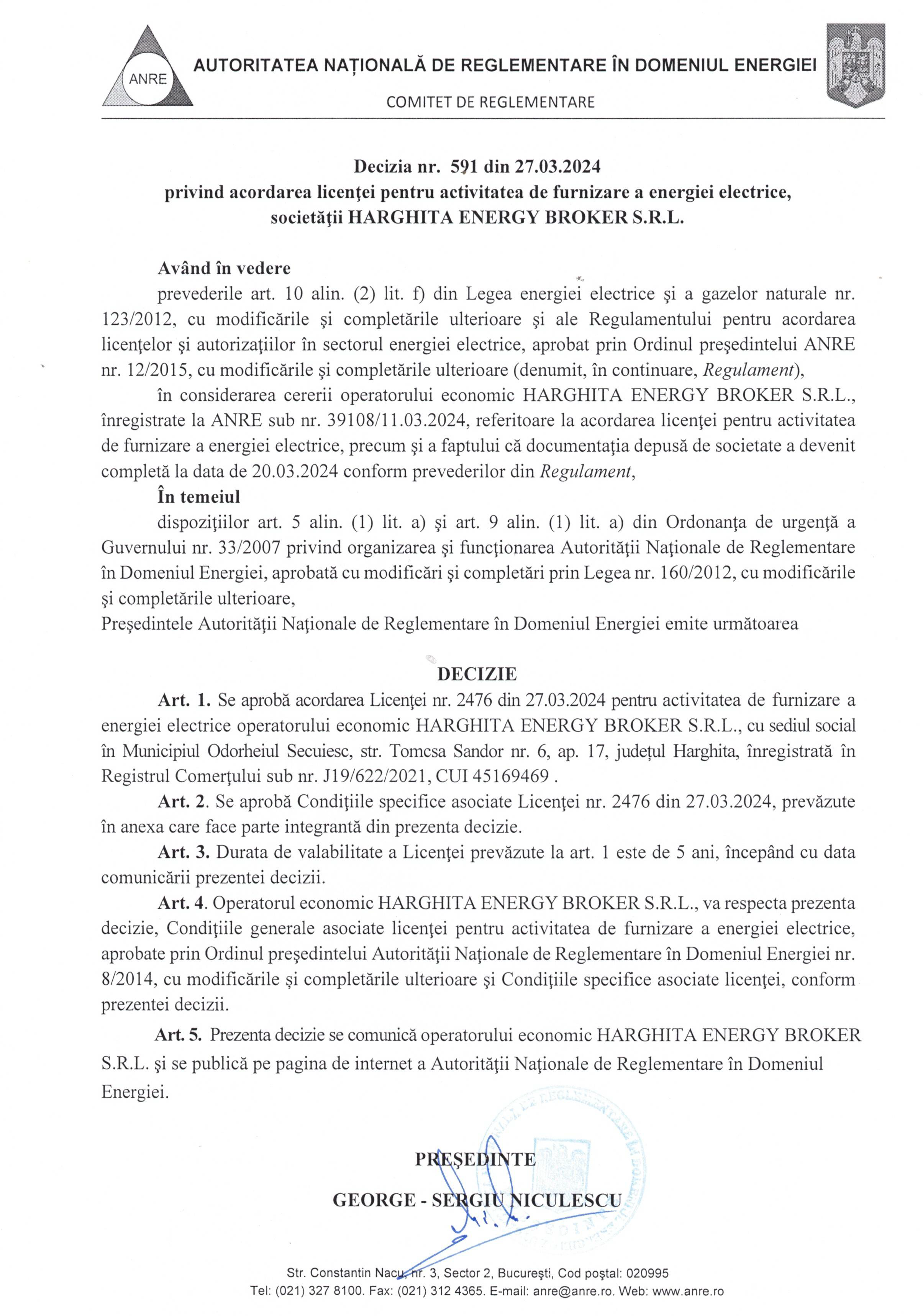 Decizie acordare licență energie electrică