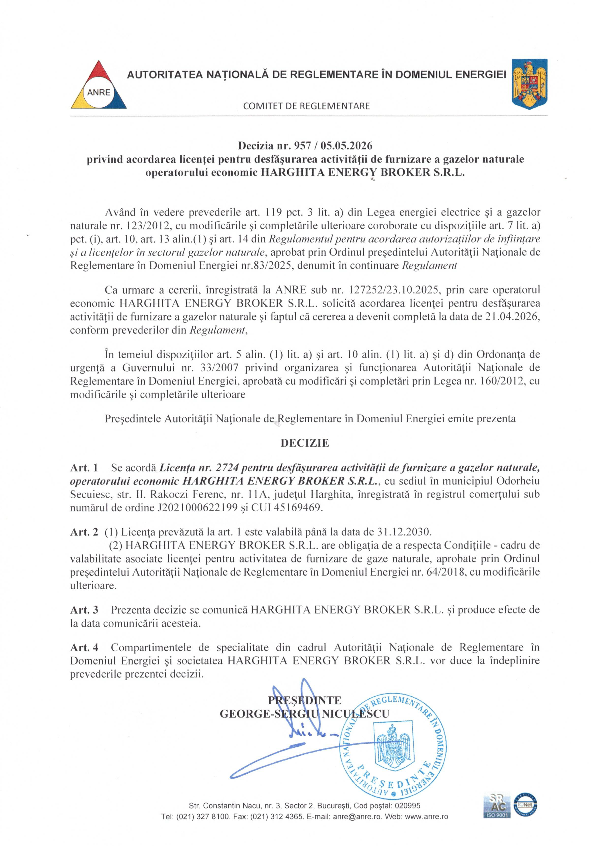 Decizie acordare licență gaze naturale